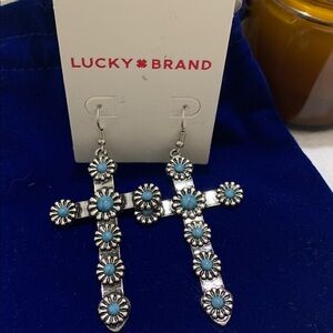 Lucky Brand Silver and Blue Floral Cross Earrings